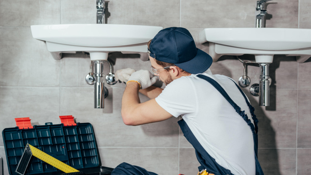 Plumber repairing the pipes under a row of restroom sinks