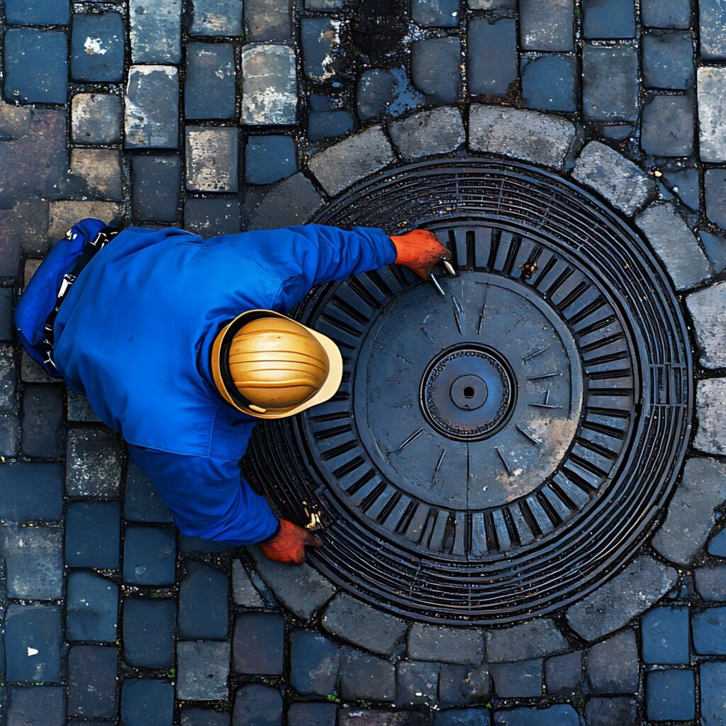 Worker at an open manhole in a brick sidewalk